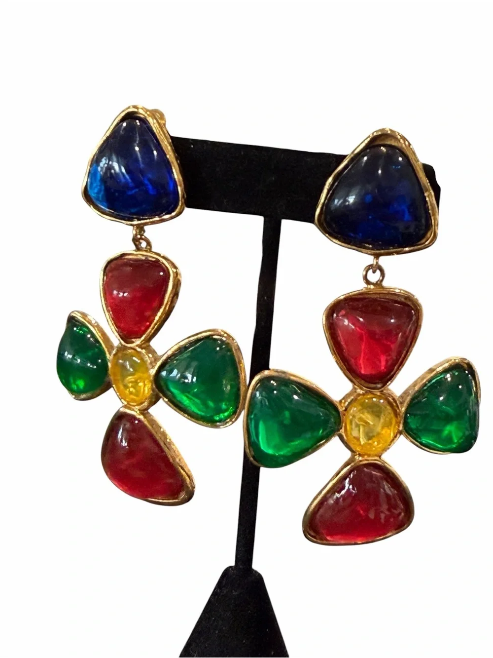 Chanel 90s Collection Clover Gripoix Multicolor Clip On Earrings